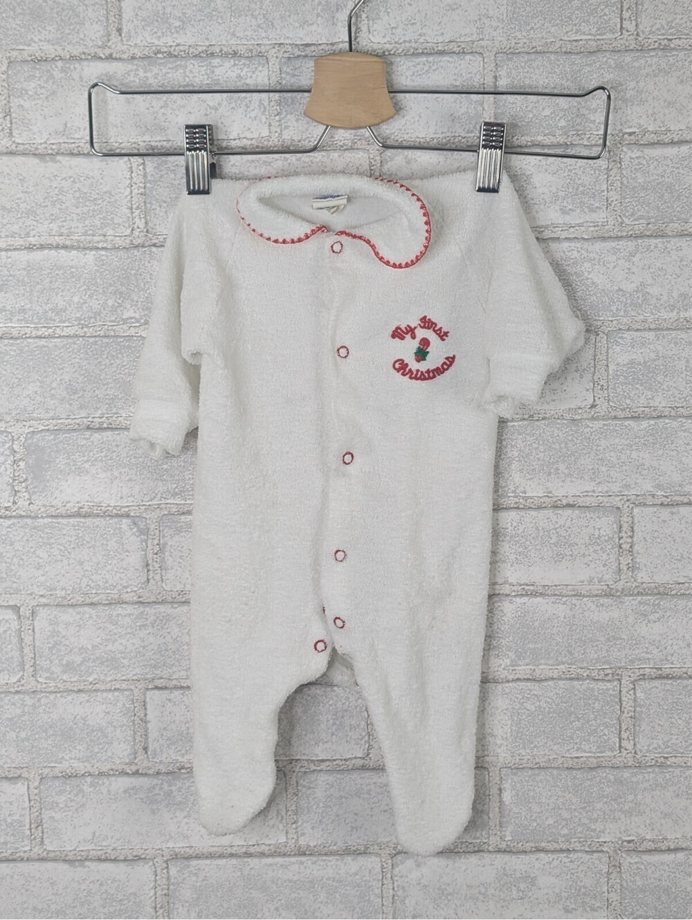 Alexis Baby's First Christmas 0-3m Romper White Red Vintage Footie PJs Baby